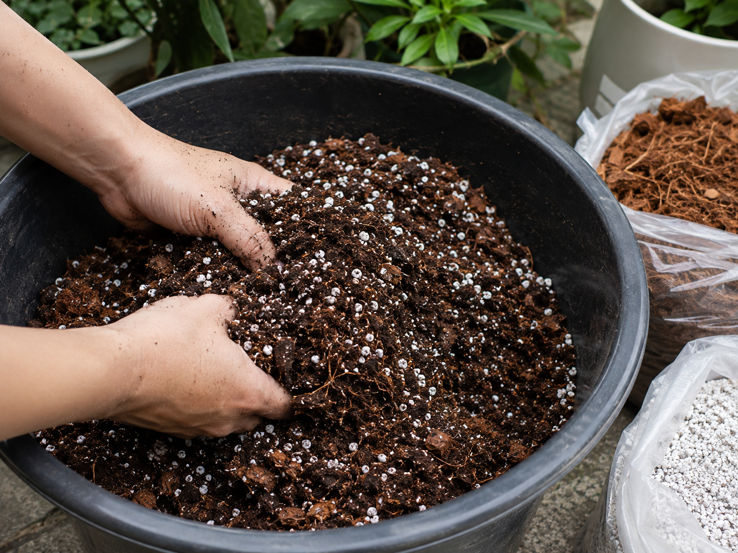 Tay người trộn đều đất sạch với perlite và xơ dừa trong một chậu nhựa lớn trước khi trồng cây — Silver Cloud Landscape