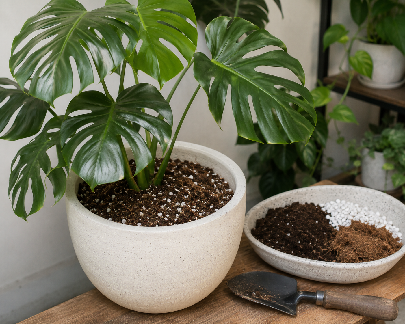 Chậu cây monstera lá xanh tươi trồng trong hỗn hợp đất sạch, xơ dừa và perlite — Silver Cloud Landscape